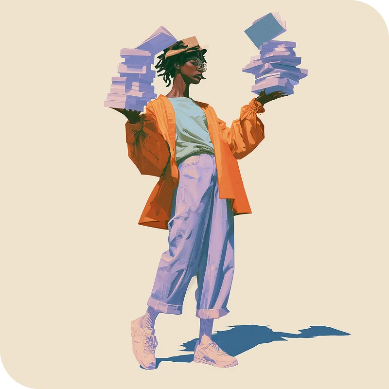 An illustrated writer balancing two tall stacks of books