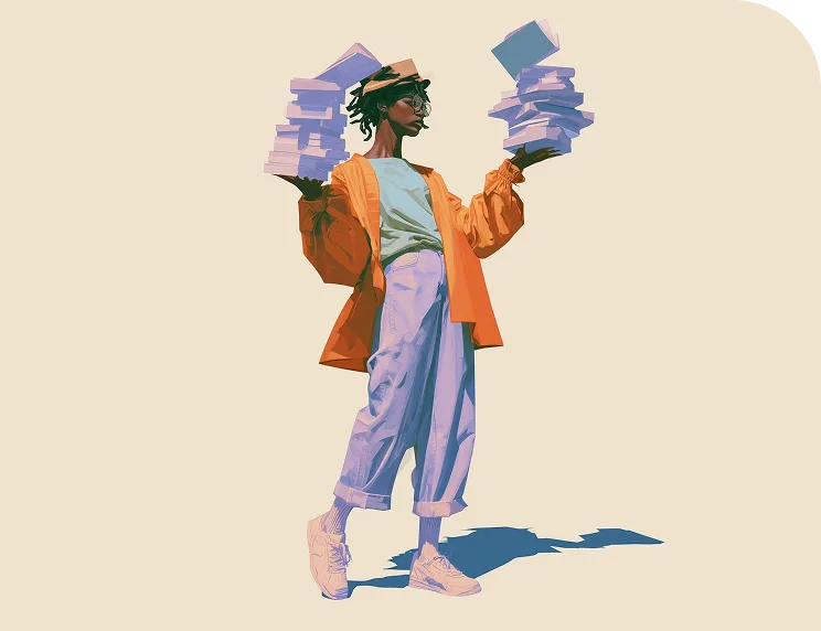 An illustrated writer balancing two tall stacks of books