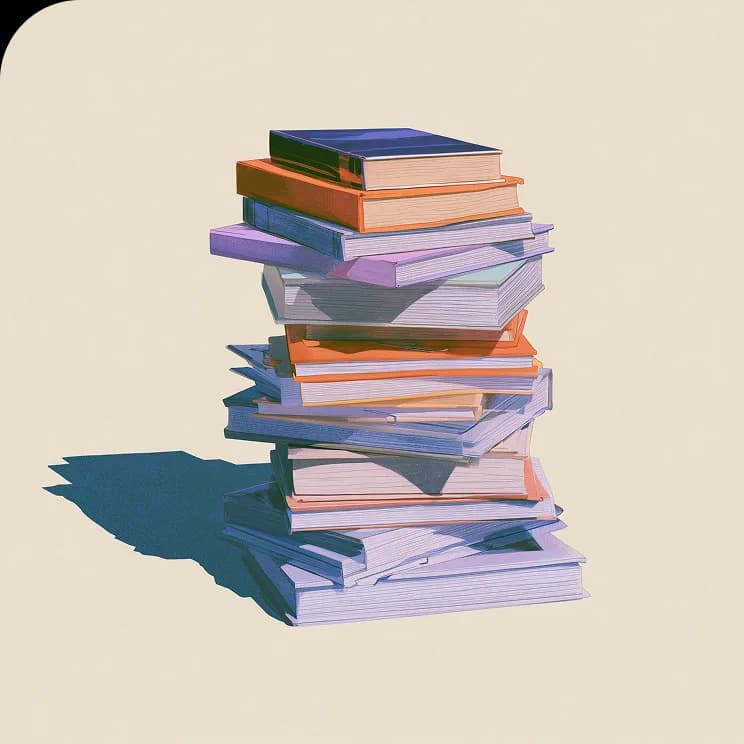 A tall stack of brightly coloured hardback books