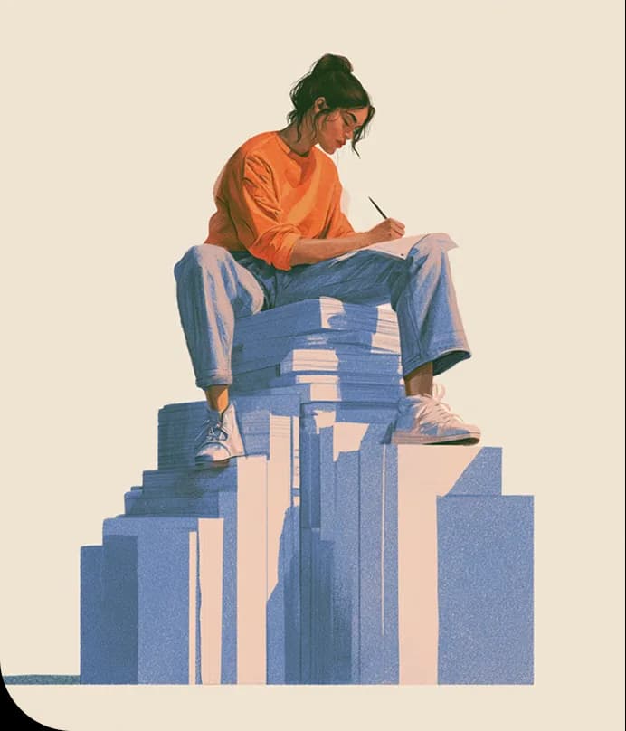 A writer sitting atop a stack of oversized books, notebook on her knee